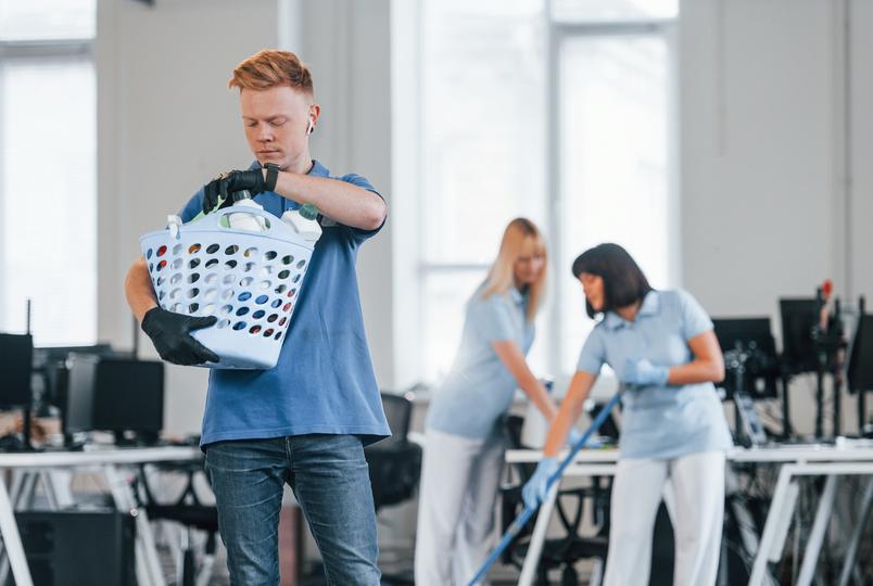 Commercial cleaners cleaning an office space