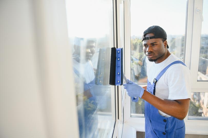 A window cleaner cleaning a high-rise building